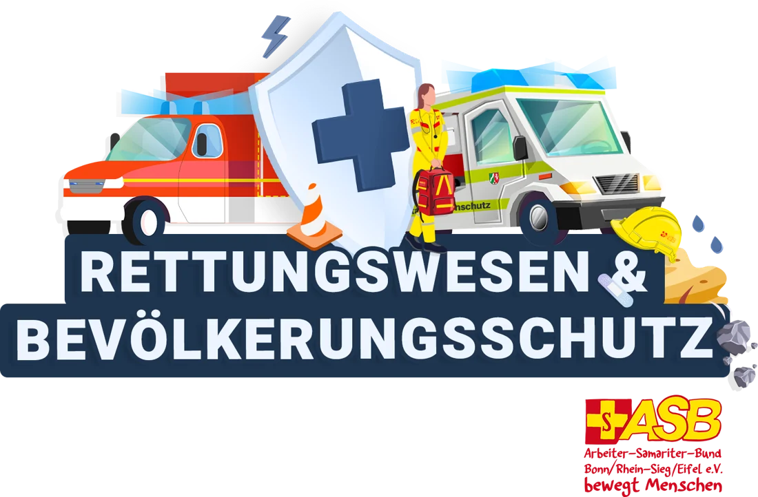 Illustration: Rettungswagen und Einsatzkräfte vor einem Schutzschild