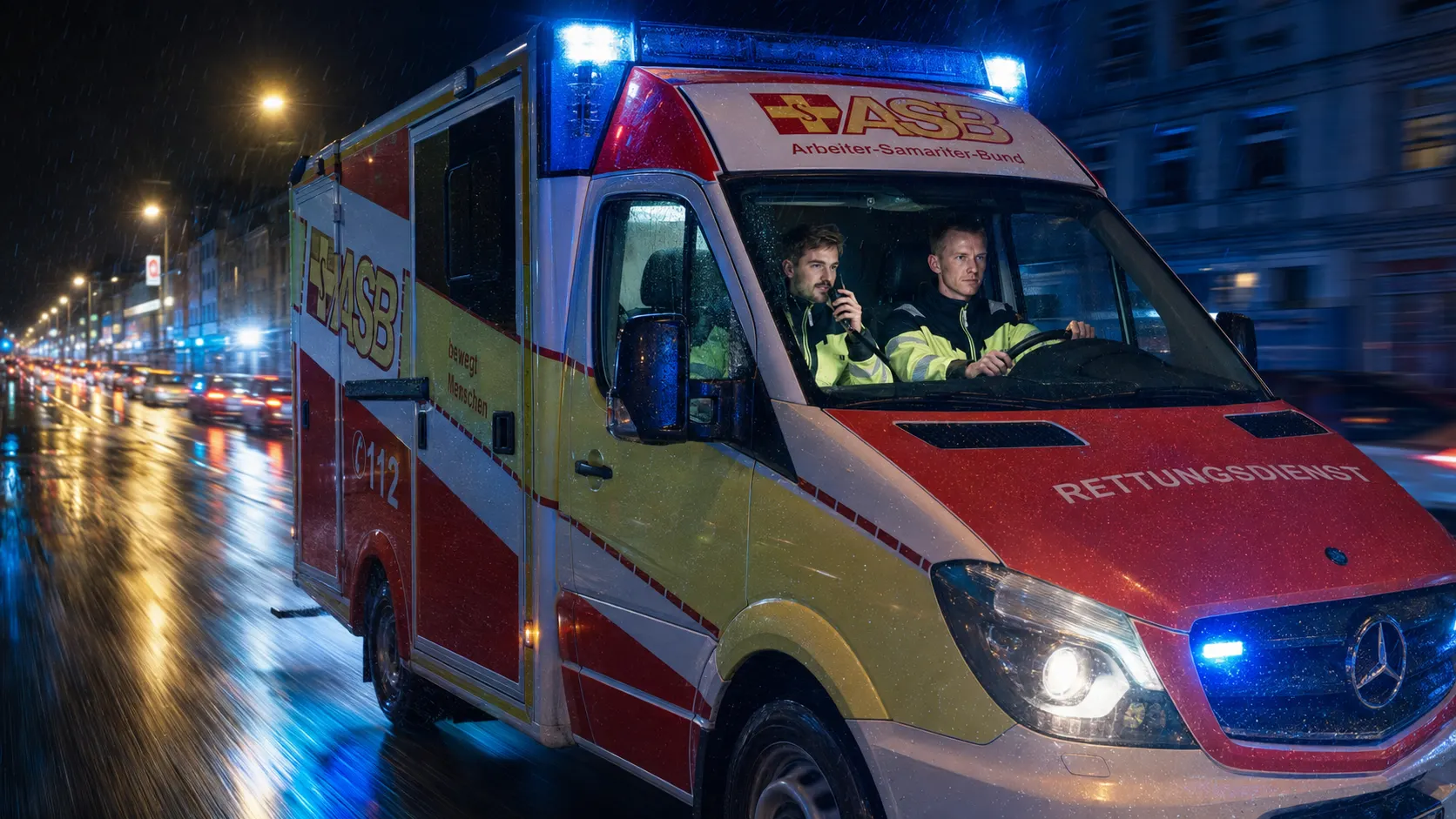 Rettungswagen bei Nacht mit eingeschaltetem Blaulicht