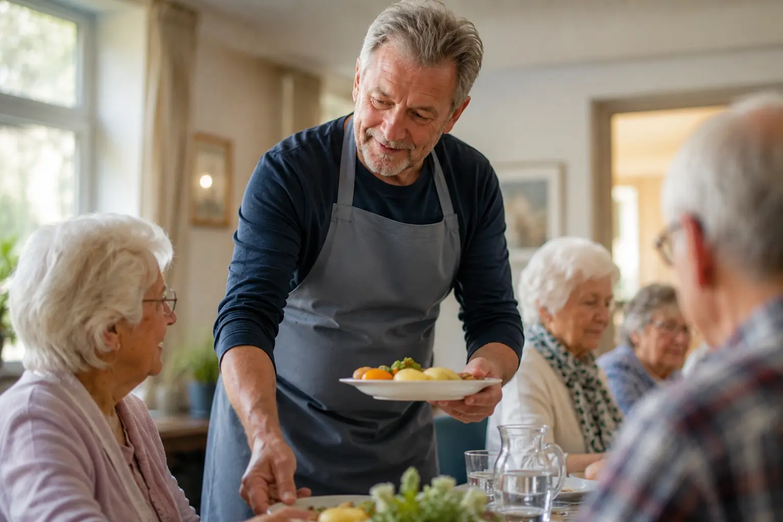 Ehrenamtlicher Helfer reicht Seniorinnen und Senioren beim gemeinsamen Mittagessen einen Teller